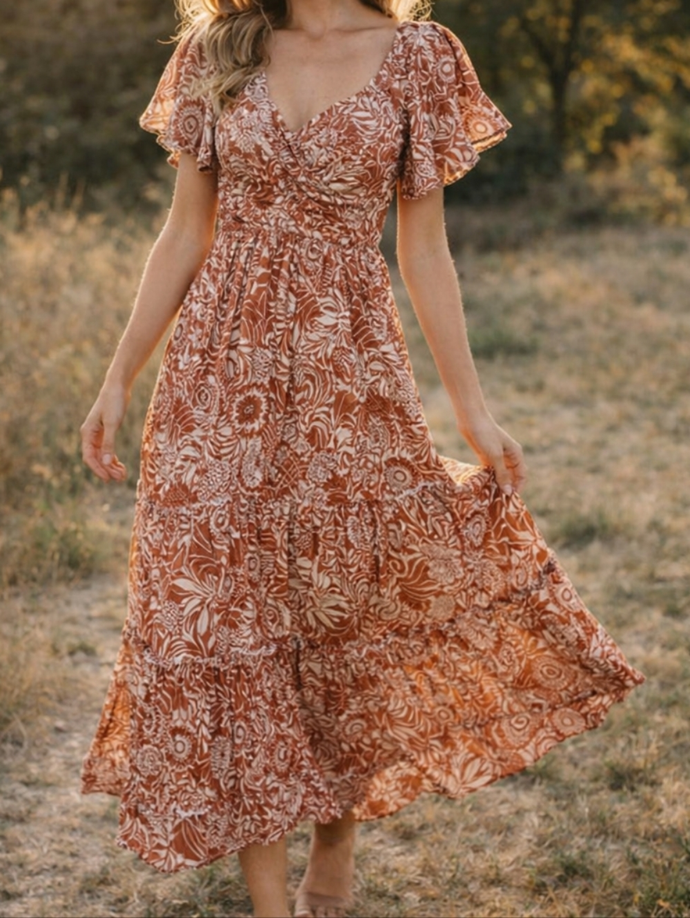 Kismet 100% Rayon Rust Cream Floral Midi Dress Boho Tiered Flutter Sleeve